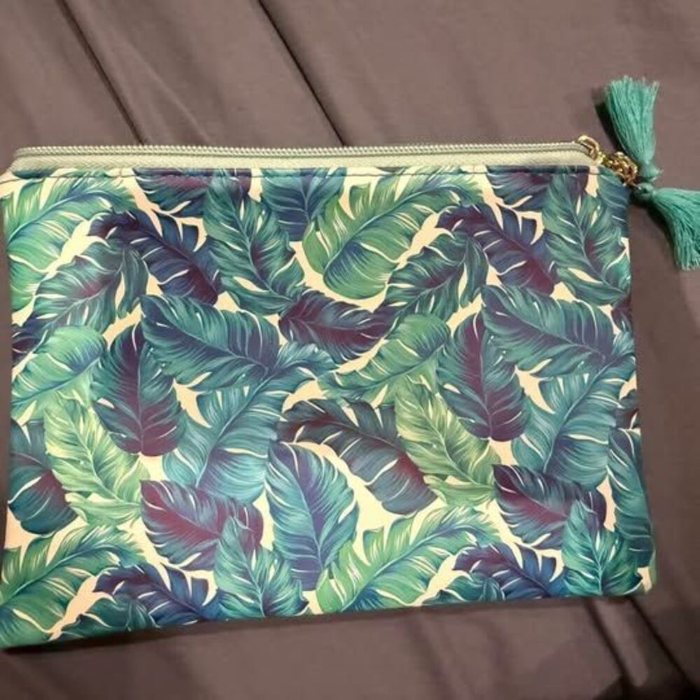 Tropical Leaf Print Zippered Pouch with Tassels